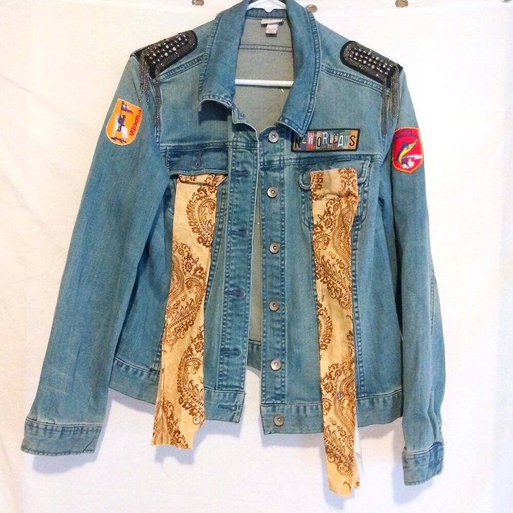 Upcycled Denim Jean Jacket XL Boho Rocker Patches Artsy Festival Mixed Media - Picture 2 of 15